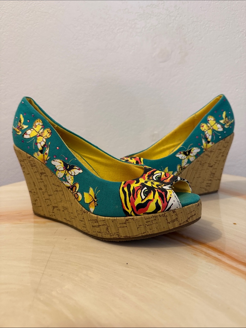 Ed Hardy Women’s Teal Butterfly Print Cork Wedge